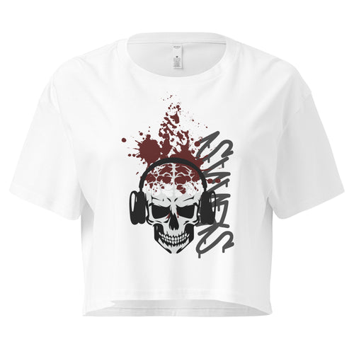 Bold music-inspired graphic tee crop top featuring a skull in headphones and blood splatter - white
