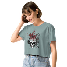 Load image into Gallery viewer, Model wearing Bold music-inspired graphic tee crop top featuring a skull in headphones and blood splatter - Mineral